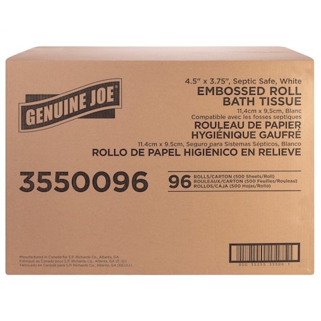 Genuine Joe Bath Tissue - 2 Ply - 4.50in x 3in - White - 500 Sheets Per Roll - 96 / Pack, 96PK GJO3550096