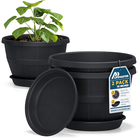 Lifemaster 10-Inch Whiskey Barrel Planters, Durable Plastic Pots with Drainage and Saucer, 2PK LMPBP2BLK2
