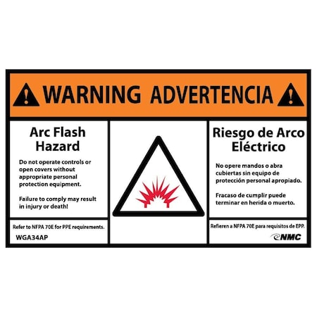 Nmc Warning Arc Flash Hazard Label, Pk5, WGA34AP WGA34AP