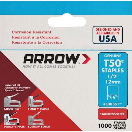 Arrow Lock T50 Heavy-Duty Stainless Steel Staple, 1/2 In., 1000PK 508SS1