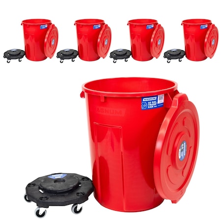 Magnum Tool Red 44 Gallon Trash Can Set, Trash Can, Quiet Dolly, and Reinforced Lid, 5 Set CMTC-CLD0-44R05