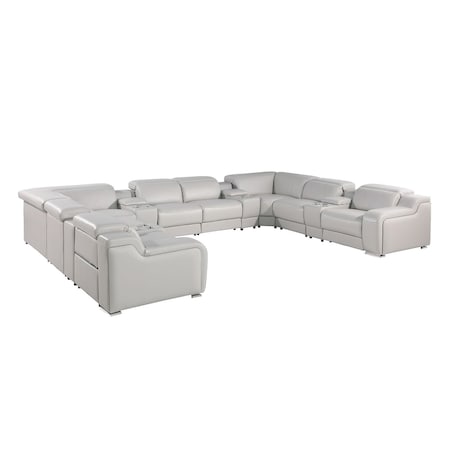 Homeroots Light Gray Italian Leather Power Reclining U Shaped Twelve Piece Corner Sectional With Console 632552