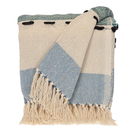 Homeroots 50" X 60" Blue and Ivory Woven Cotton Striped Throw Blanket with Tassels 478665