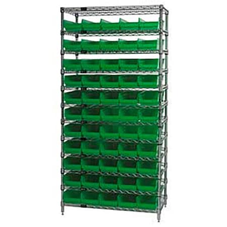 Global Industrial Chrome Wire Shelving with 55 4"H Plastic Shelf Bins Green, 36x14x74 268969GN