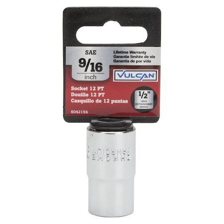 Vulcan Drive Socket, 9/16 in Socket, 1/2 in Drive, 12-Point, Chrome Vanadium Steel, Chrome, MT6515738 MT6515738