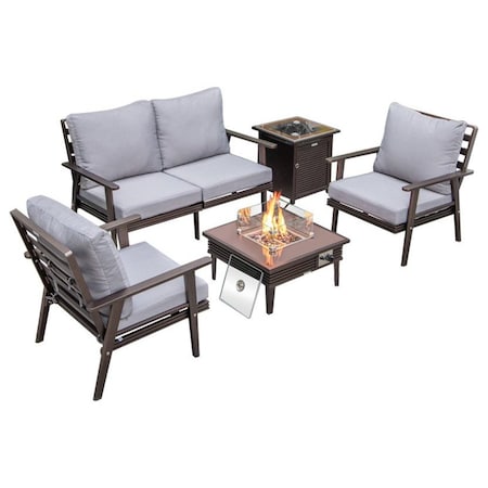 Leisuremod Walbrooke Modern Brown Patio Conversation, Square Fire Pit, Slats Design & Tank Holder, Grey WBRS-27-20-57-31-GR