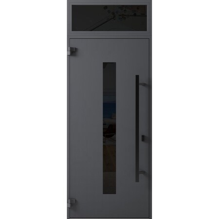 Vdomdoors Front Exterior Prehung Steel Door Ronex0130 Grey Transom Window Sidelite Entry Metal Modern Painted RONEX0130EXD-GRE-W36 X H80+16-RH-I