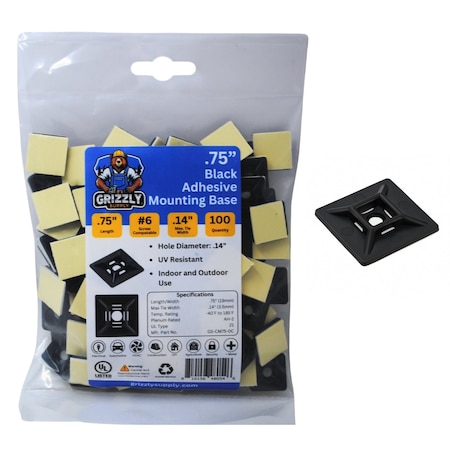 Grizzly Supply Adhesive Cable Tie Mounts, 3/4 in Sq, Nylon 6/6, .14 in Slot Wd, UV Resistant, Black, 100PK GS-CM75-0C
