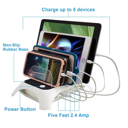 Trexonic 12A 5-Port USB Charging Station with 5 Device Slots and Power Button, White TRX-USB5100W