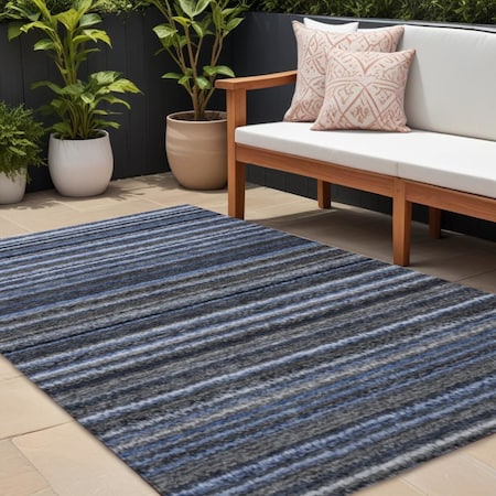 Homeroots 9' X 12' Denim Blue And Gray Striped Washable Indoor Outdoor Area Rug 577767