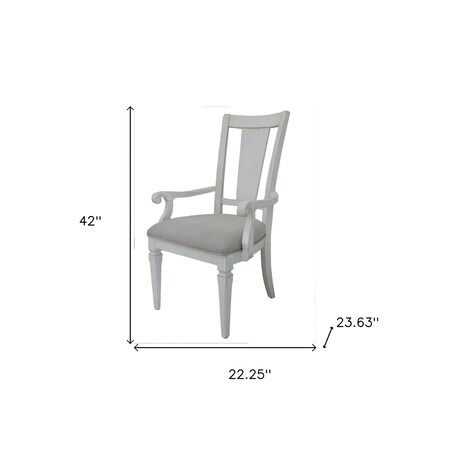 Homeroots Set of Two Light Gray and White Upholstered Linen And Solid Wood Open Back Dining Arm Chairs, 2PK 573365