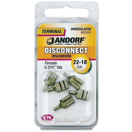 Jandorf High-Temperature Female Disconnect Terminal, 22 to 18 AWG Wire, 1/4 in Stud 60944