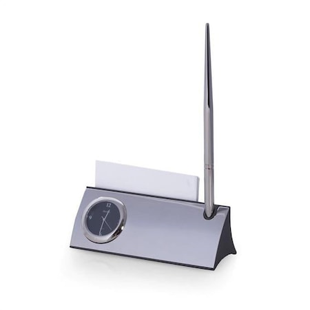 Bey Berk International Bey-Berk International  Silver Plated Desk Quartz Clock with Business Card Holder & Pen D144