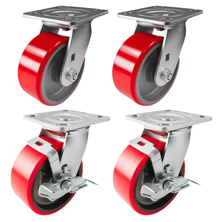 Hyw Products Heavy Duty Caster Set 5in Red Polyurethane on Cast Iron Wheels, 2 Swivel & 2 Swivel with Brake, 4PK 40-50S-A1-PC-2,40-50S-A1-PC-TB-2 (R)