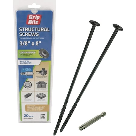 Grip-Rite PrimeGuard Plus 3/8''x8'' Flat Washer Head Structure Screw, 20-Count GRSSFW38820