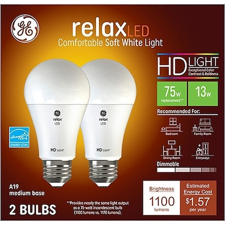 Ge Relax Light Bulb, General-Purpose, High-Definition, A19 Lamp, 75 W Equivalent, PK2 93127613