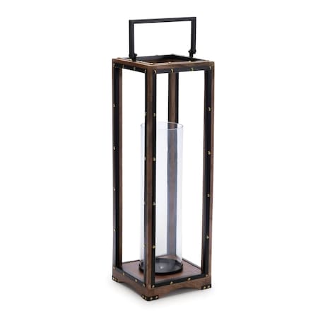 Homeroots 25" Black And Brown Metal And Solid Wood Tabletop Lantern Candle Holder 634844