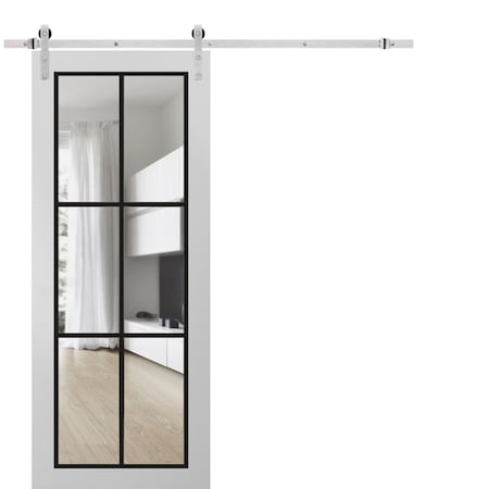 Sartodoors Sturdy Barn Door Clear Tempered Glass, Lucia 2366 White Silk and Aluminum Strips, 6.6FT Silver Rai LUCIA2366BD-S-WS-24 x 96