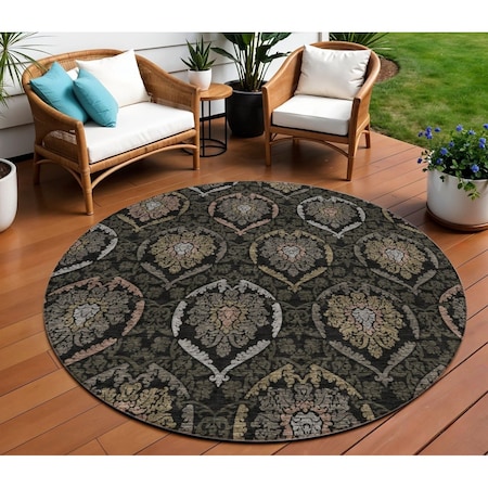 Homeroots 8' Black Gray And Brown Round Medallion Washable Indoor Outdoor Area Rug 587694