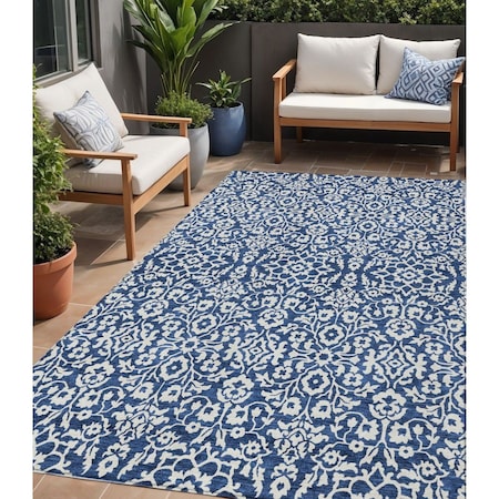 Homeroots 5' X 8' Navy Blue And Ivory Damask Washable Indoor Outdoor Area Rug 595170