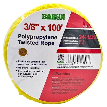 Baron Rope, 3/8 in Dia, 100 ft L, 244 lb Working Load, Polypropylene, Yellow 84224