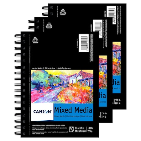 Canson Artist Series Mixed Media Pad, Side Wire Binding, 30 Sheet, 5.5x8.5 inch, 3PK C400059772-06
