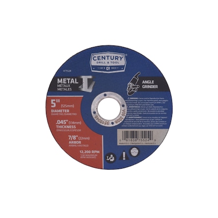 Century Drill & Tool Abrasive Cut-Off Wheel, Type 1A, 5 in Dia, 0.045 in Thick, 7/8 in Arbor Hole Size, Aluminum Oxide 75524