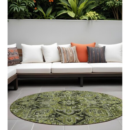 Homeroots 8' Round Olive Green and Dark Green Round Oriental Washable Non Skid Indoor Outdoor Area Rug 563777