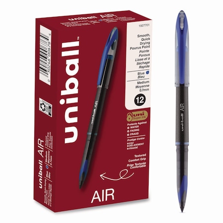 Uni-Ball AIR Porous Rollerball Pen, Medium 0.7 mm, Blue Ink, Black Barrel, PK12 1927701