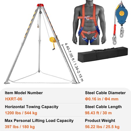Vevor Confined Space Tripod Kit Rescue Tripod Fall Arrest 4-7 ft Legs 1200 lbs HXRT-06