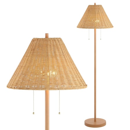 Jonathan Y Nando 61" 2-Light Coastal Bohemian Iron/Rattan LED Floor Lamp with Pull-Chain, Brown Wood Finish JYL3092A