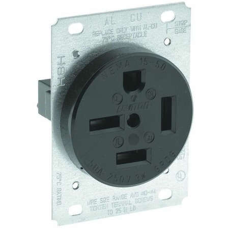 Leviton Straight Blade Receptacle, 15-50R, 50 A, 250V AC, 3 Pole, 4 Wire, Flush Mount, Three, Black 8450