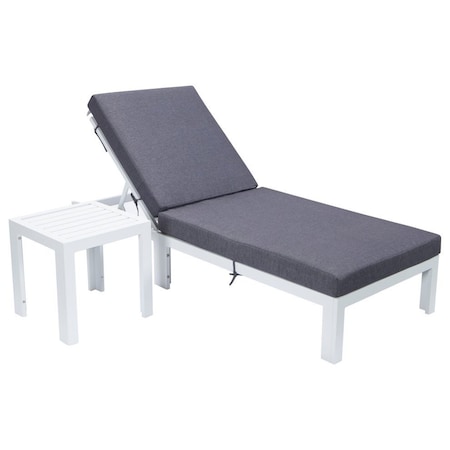 Leisuremod Chelsea Modern Outdoor White Chaise Lounge Chair With Side Table & Blue Cushions CLTW-77BU