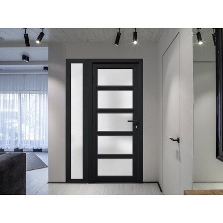 Vdomdoors Front Exterior Prehung FiberGlass Door Frosted Glass / Manux 8002 Matte Black / Sidelight Exterior MANUX8002EXD-BLK-W36+12 x H80-RH