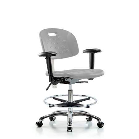 Blue Ridge Ergonomics CL100CleanRoom Chair-Medium Bench Height with Adj Arms, Chrome Foot Ring, & Casters in Gray Poly CLR-HPMBCH-CR-T0-A1-CF-CC-GRY