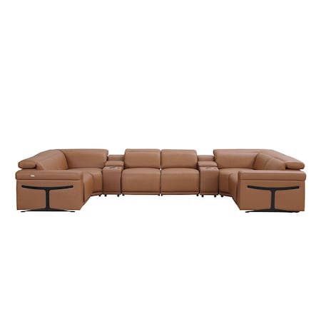 Homeroots Chestnut Italian Leather Power Reclining U Shaped Eight Piece Corner Sectional With Console 634678