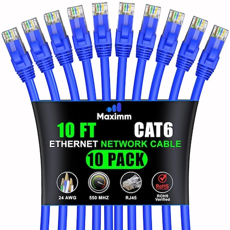 Maximm Cat6 Ethernet Cable 10ft 10Gbps 550MHz UTP, 10PK, Blue, 10PK CAT6CCA-10BL-10PK
