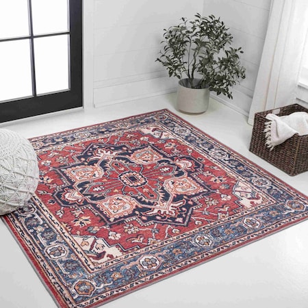 Jonathan Y Cirali Ornate Large Medallion Non-Slip Machine-Washable Red/Navy 5 ft Square Area Rug WSH105A-5SQ