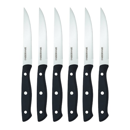 Farberware Steak Knife Set, 4-1/2 in L Blade, Stainless Steel Blade, Black Handle, Plain Blade 5256192