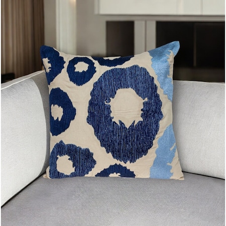 Homeroots 22" Blue and Beige Abstract Cotton Throw Pillow With Embroidery 529223