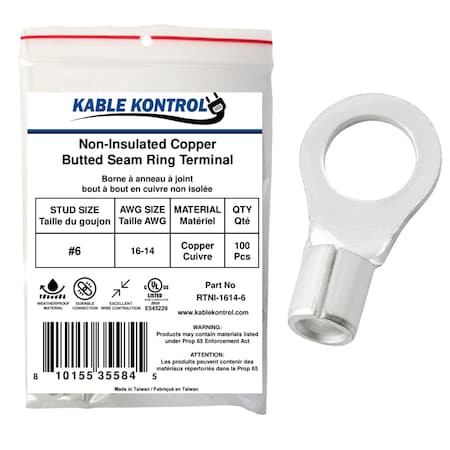 Kable Kontrol Non Insulated Copper Butted Seam Ring Terminal, 16-14 AWG, Stud Size # 6, 100 Pcs, 100PK RTNI-1614-6