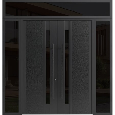 Vdomdoors Aluminum Double Doors Dekton 0163 Ardesia Nero 2 Sidelights and Top Transom Entry Door Painted (W10 DEKTON0163DEXD-ARD-W16+72+16xH96+16-RH-I