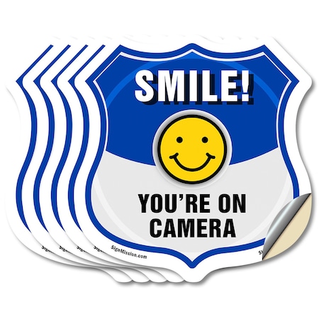 Signmission Smile You're On Camera Shield Sign Smile, 4 inch X 4 inch, Vinyl Decal, 5PK SHI-D-5PACK-4-463