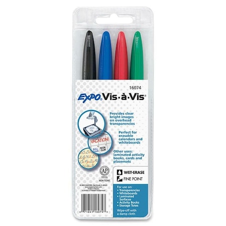 Expo Vis-A-Vis Wet Erase Marker, Fine Bullet Tip, Assorted Colors, PK4 16074