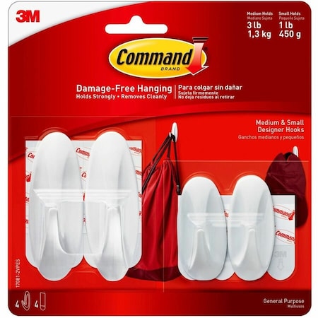 Command Hook, White, Plastic, 1 1/8 in D, PK4 17081-2VPES