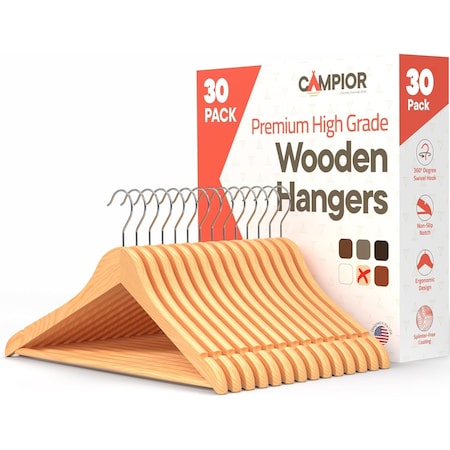 Lifemaster Wooden Clothes Hangers, Durable, Non-Slip, Space-Saving, 360 Deg Swivel Hook, Natural Finish, 30PK CMPWH30NL