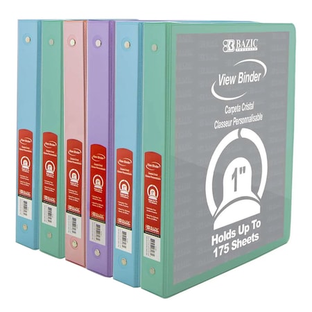 Bazic Products 1" 3-Ring View Binder with 2-Pockets, Assorted Pastel Colors, 6PK 3167