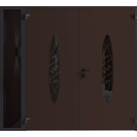 Vdomdoors Front Exterior Prehung Aluminum Double Doors Ronex1277 Brown 1 Sidelight Mirrored Clear Glass 1 RONEX1277DEXD-BRW-W72+12xH96-RH-I