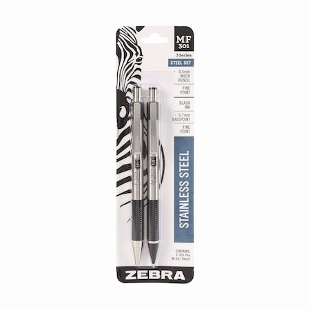 Zebra Pen M/F 301 Stainless Steel Retractable Pen and Pencil Set, 0.7 mm Black Pen, 0.5 mm HB Pencil 57011