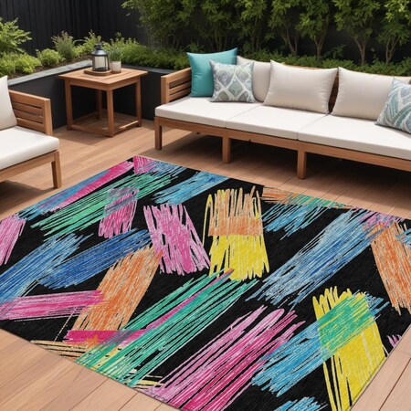 Homeroots 9' X 12' Black Pink And Yellow Striped Washable Indoor Outdoor Area Rug 618044